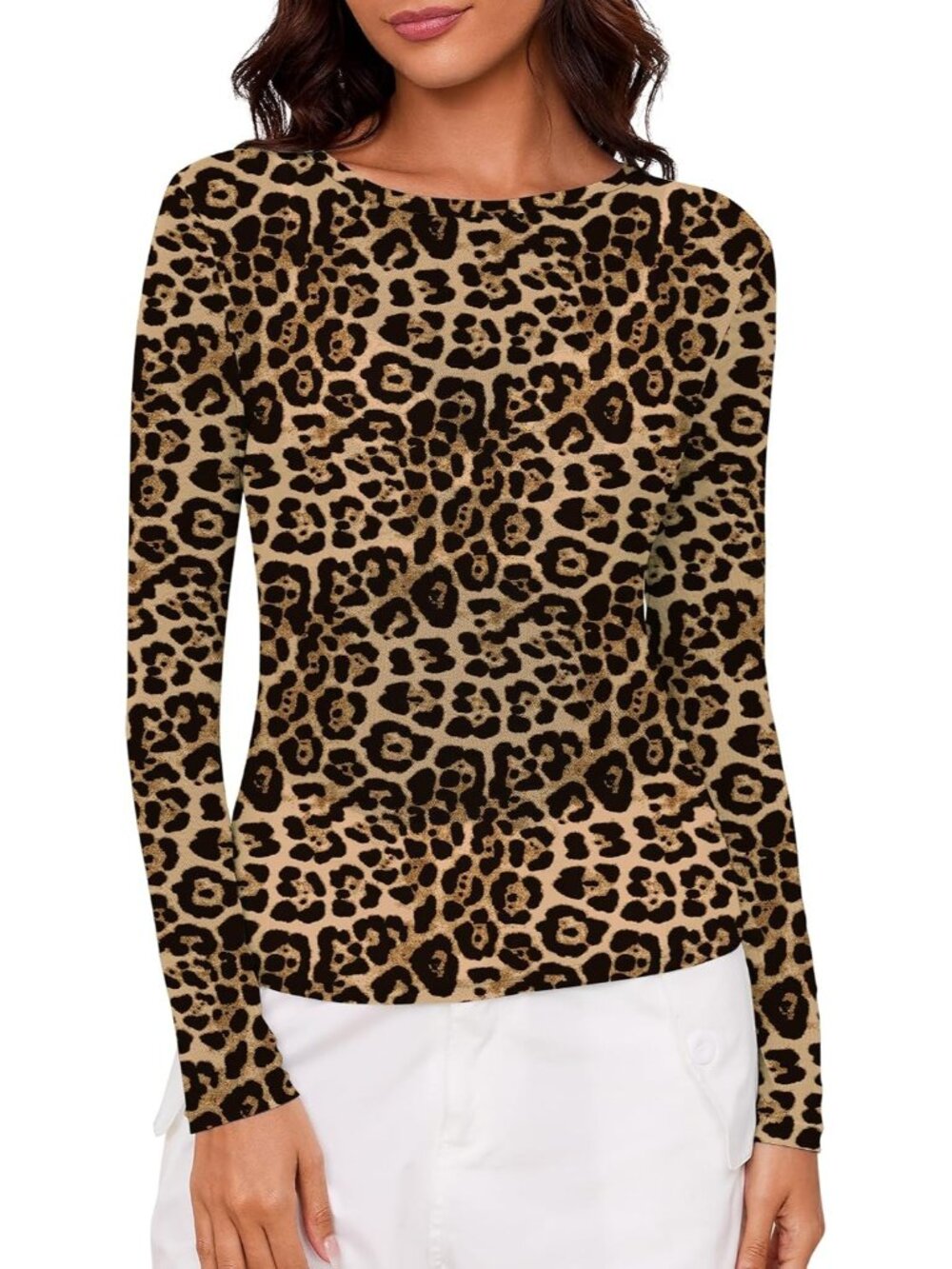 〽️Women's Leopard Mesh Long Sleeve Crew Tank Top Neck Tee Shirts Party Blouse - Picture 1 of 6